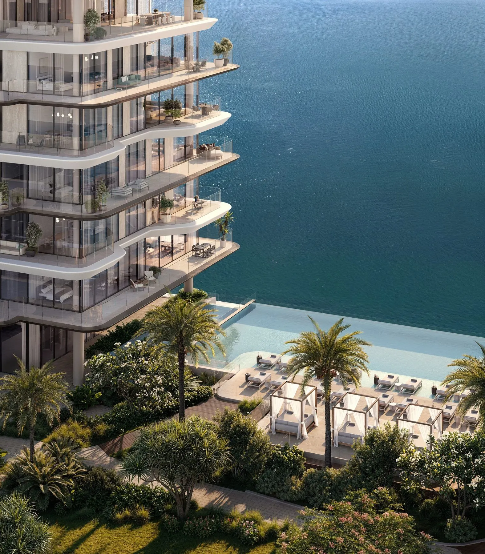 Terraced balconies above the waterfront pool