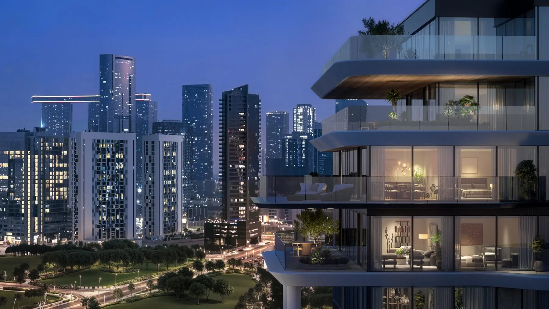 Residences at dusk with the Reem Island skyline