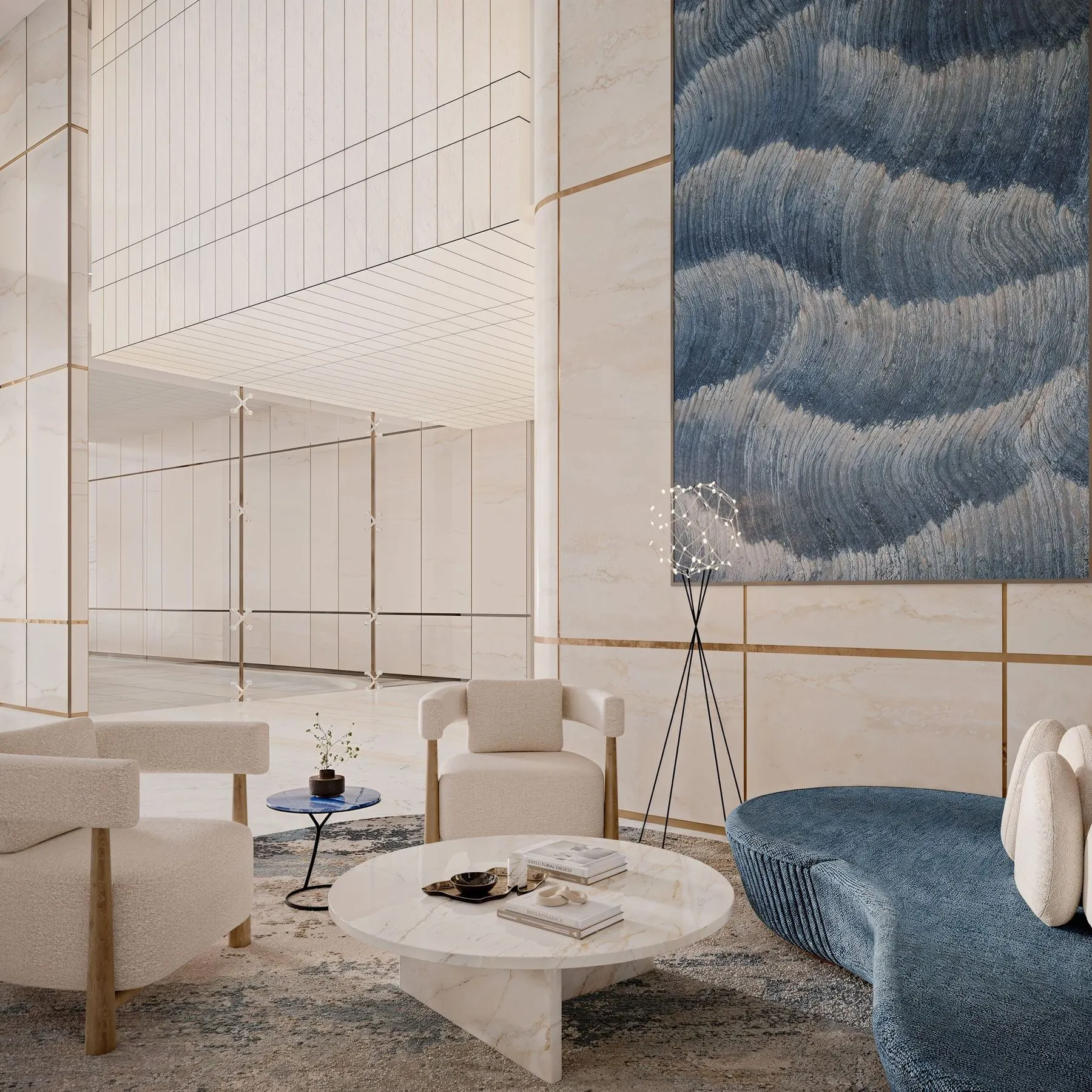 Residents' lounge with textured art wall