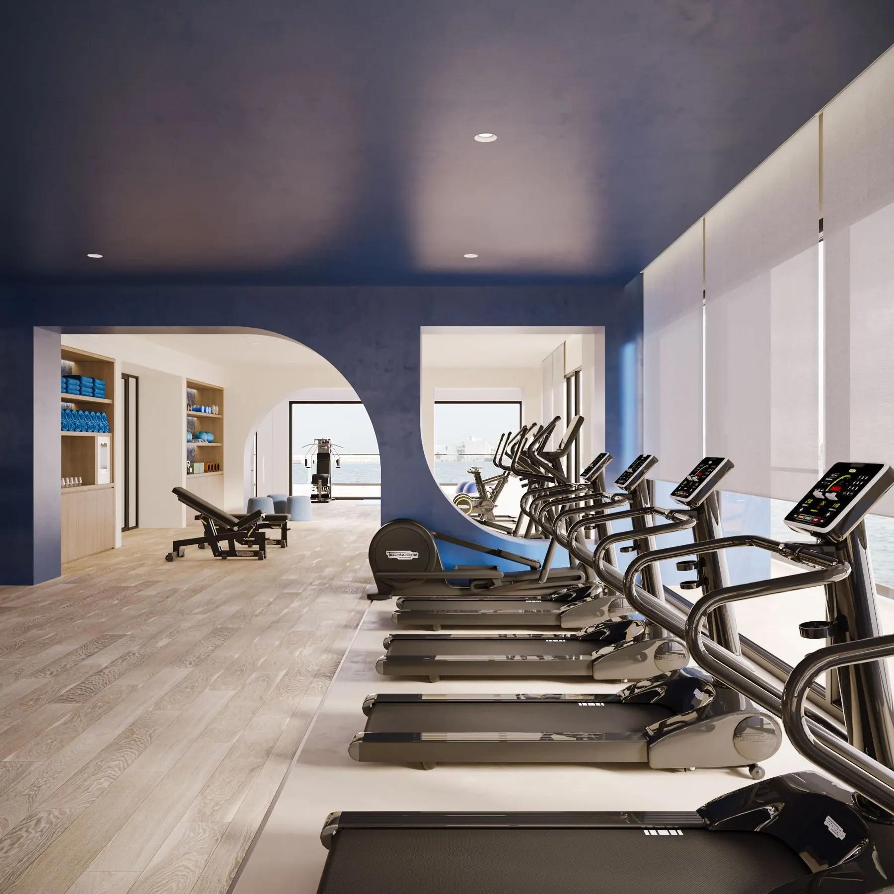 Gymnasium with sea-facing windows