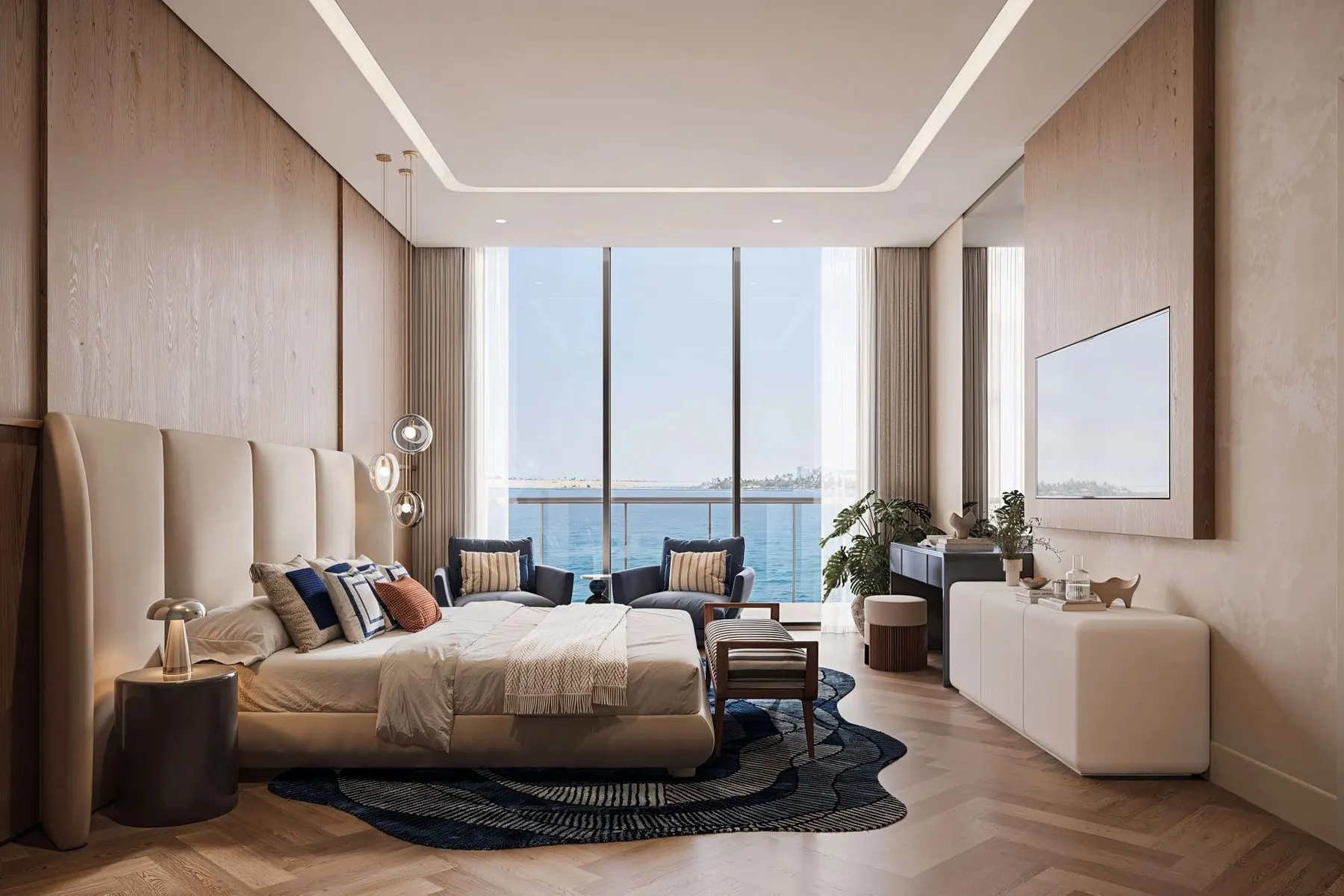 Master bedroom with floor-to-ceiling glazing
